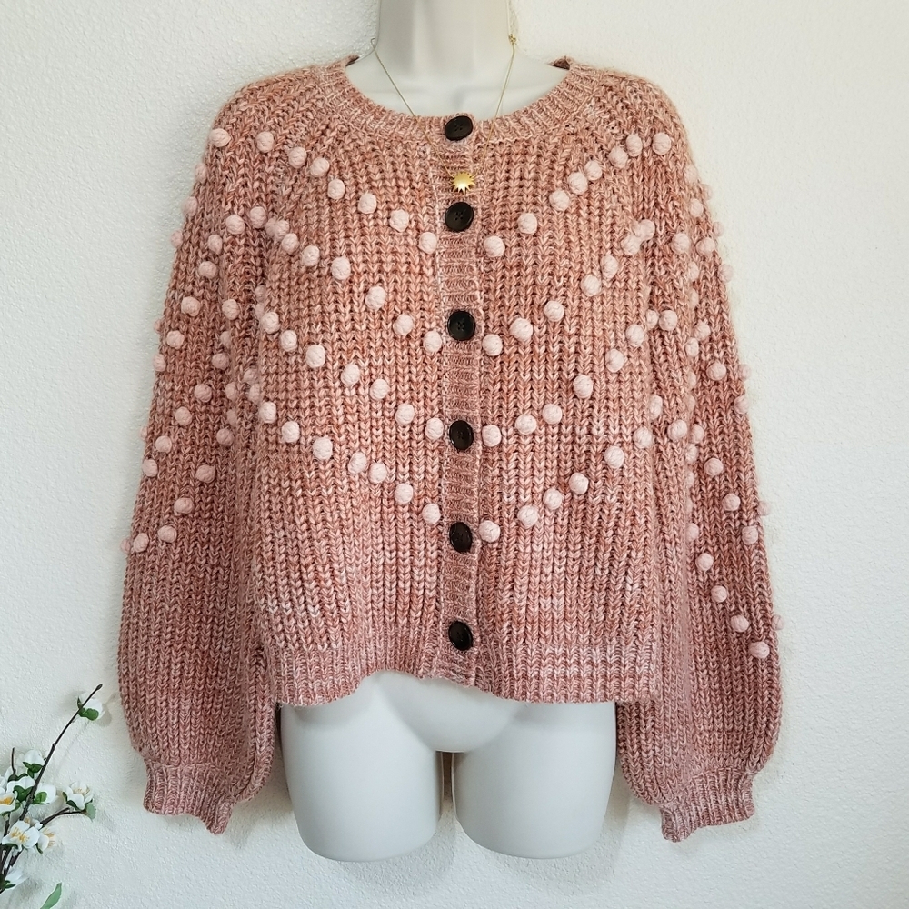 THE GREAT. The Great Marled Bobble Cardigan Sweater in Pink Savanna Rose